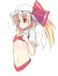 Rule 34 | 1girl, blonde hair, blush, bow, clothes lift, embodiment of scarlet devil, female focus, flandre scarlet, flat chest, hat, navel, nipples, red eyes, seo tatsuya, shirt lift, short hair, side ponytail, solo, touhou, wings