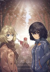Rule 34 | 3girls, absurdres, andou (girls und panzer), arm up, artist name, beret, black hair, blonde hair, blue coat, blue eyes, blue scarf, blurry, blurry background, brown eyes, brown scarf, capelet, casual, closed mouth, coat, collar, dappled sunlight, dark-skinned female, dark skin, dated, day, depth of field, drill hair, folding fan, from side, girls und panzer, hand fan, hands in pockets, hat, hatsumoude, highres, holding, holding fan, long hair, looking at viewer, marie (girls und panzer), medium hair, medium skirt, messy hair, multiple girls, new year, open mouth, oshida (girls und panzer), outdoors, pink skirt, red capelet, red headwear, scarf, skirt, smile, stairs, standing, sunlight, tonan leopard, torii, white collar