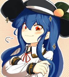 Rule 34 | 1girl, puff of air, blouse, blue hair, closed mouth, collarbone, collared shirt, commentary request, crossed arms, food, food on head, fruit, fruit on head, hair between eyes, hand on own arm, hat, hinanawi tenshi, leaf, leaf on head, long hair, long sleeves, looking at viewer, object on head, orange background, outline, peach, red eyes, red neckwear, red ribbon, ribbon, shirt, sidelocks, smile, smug, sparkle, touhou, uisu (noguchipint), upper body, white shirt, wing collar