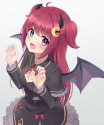 Rule 34 | 1girl, :d, aqua eyes, bat wings, black capelet, black dress, blush, bow, breasts, capelet, claw pose, crescent, crescent hair ornament, demon girl, demon horns, dress, fang, frilled capelet, frilled dress, frills, grey background, hair between eyes, hair ornament, heterochromia, highres, horns, long hair, long sleeves, looking at viewer, nijisanji, open mouth, red bow, red eyes, red hair, red neckwear, sakurano yukke, simple background, small breasts, smile, solo, standing, two side up, virtual youtuber, wings, yuzuki roa