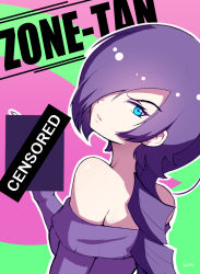 Rule 34 | 1girl, censored, drill hair, hair over one eye, highres, komo-d, long hair, looking at viewer, looking back, off-shoulder sweater, off shoulder, purple hair, sweater, zone-tan