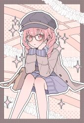 1girl black_hat blush braid brown_coat coat dress feet_out_of_frame glasses hands_on_own_face hat highres long_hair long_sleeves looking_at_viewer mishio_(misio_40) momoi_airi open_mouth outline pink_eyes pink_hair project_sekai purple_dress sitting solo sparkle twin_braids white_outline