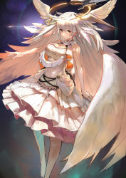 Rule 34 | 1girl, angel, angel wings, bare shoulders, breasts, brown eyes, cleavage, cleavage cutout, clothing cutout, commentary request, dress, halo, head wings, highres, lard (kumazakiyuta), large breasts, looking at viewer, original, simple background, sleeveless, solo, turtleneck, white dress, white hair, wings