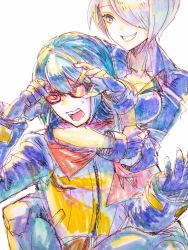 Rule 34 | 1boy, 1girl, angel (kof), black gloves, blue gloves, blue hair, breasts, cape, cleavage, gloves, goggles, hair over one eye, jacket, krohnen, large breasts, long sleeves, mechanical arms, medium hair, miyama (lacrima01), multicolored clothes, multicolored jacket, padded gloves, red cape, red goggles, short hair, the king of fighters, the king of fighters xv, tinted eyewear, white hair