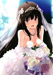 Rule 34 | 1girl, black hair, blush, bouquet, breasts, bridal veil, cleavage, dress, flower, inoue takina, izumi mahiru, jewelry, large breasts, long hair, looking at viewer, lycoris recoil, necklace, open mouth, purple eyes, smile, solo, veil, wedding dress, white dress