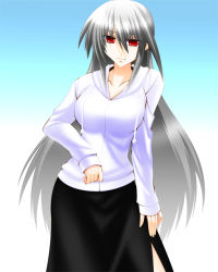 Rule 34 | 1girl, breasts, engo (aquawatery), gradient background, hand on thigh, large breasts, light smile, long hair, long sleeves, lyrical nanoha, mahou shoujo lyrical nanoha, mahou shoujo lyrical nanoha a&#039;s, red eyes, reinforce, silver hair, skirt, solo, sweater, very long hair