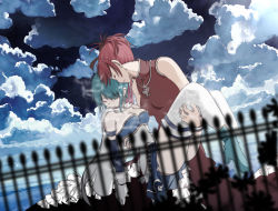 Rule 34 | 2girls, adapted costume, alternate hairstyle, aqua hair, armband, bare arms, bare shoulders, blurry, blurry foreground, breasts, cape, carrying, cleavage, closed eyes, cloud, cloudy sky, corset, cowboy shot, crying, depth of field, dress, dutch angle, frilled dress, frills, gloves, hand on another&#039;s leg, hand on another&#039;s stomach, high collar, high ponytail, long dress, magical girl, mahou shoujo madoka magica, mahou shoujo madoka magica (anime), miki sayaka, multiple girls, outdoors, p9 (susisasimi), princess carry, red dress, red hair, sakura kyoko, short hair, short ponytail, skirt, sky, sleeveless, sleeveless dress, standing, strapless, tears, thighhighs, thighs, unconscious, white gloves, white legwear