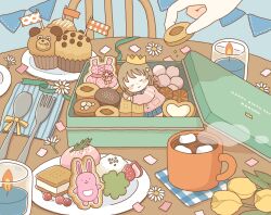 Rule 34 | 1girl, 1other, alternate size, arm rest, bare legs, birthday, blue bow, blue skirt, blush, blush stickers, bow, bowtie, box, brown hair, buttons, candle, candle wick, candlestand, chair, character name, chibi, closed eyes, closed mouth, commentary, confetti, cookie, cup, dessert, dress, english text, fire, flag, flower, folded napkin, food, fork, fruit, hair flower, hair ornament, happy birthday, head tilt, highres, holding, holding cookie, holding food, hot chocolate, idolmaster, idolmaster cinderella girls, leaning, long sleeves, marshmallow, mimura kanako, muffin, mug, napkin, no nose, nose blush, open box, out of frame, party, pink sweater, plaid, plaid skirt, plant, plate, pocket, rabbit, ribbon, sidelocks, skirt, sleeping, solo focus, spoon, straight hair, strawberry, streamers, sweater, sweetyaek, table, utensil, white flower, yellow flower, yellow ribbon