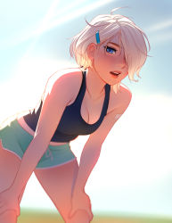 Rule 34 | 1girl, absurdres, bent over, blonde hair, blue eyes, blurry, blurry background, breasts, cleavage, day, hair over one eye, highres, lips, looking at viewer, medium breasts, midriff peek, open mouth, original, outdoors, short hair, shorts, solo, sweat, tank top, thighs, tsuaii