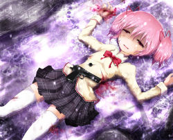 Rule 34 | 10s, 1girl, blood, cuts, death, desert eagle, grief seed, gun, handgun, injury, kaname madoka, lying, mahou shoujo madoka magica, mahou shoujo madoka magica (anime), on back, pink eyes, pink hair, pistol, school uniform, shimo (depthbomb), short hair, smile, solo, spoilers, tears, thighhighs, twintails, water, weapon, white thighhighs, zettai ryouiki