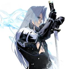 Rule 34 | 1boy, black gloves, blue eyes, closed mouth, cofffee, cross-laced clothes, final fantasy, final fantasy vii, from side, gloves, grey hair, holding, holding sword, holding weapon, long hair, long sleeves, male focus, masamune (ff7), pectoral cleavage, pectorals, sephiroth, sword, upper body, weapon, white background