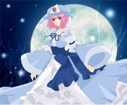 Rule 34 | 1girl, absurdres, aramaki rin (artist), breasts, female focus, frills, full moon, gathers, ghost, hat, highres, japanese clothes, large breasts, light particles, mofu shougun, moon, pink hair, red eyes, saigyouji yuyuko, solo, touhou, tree