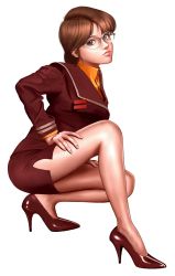 Rule 34 | 1girl, blue eyes, brown hair, fingernails, glasses, high heels, highres, laird vanessa, legs, lips, long legs, macross, nail polish, pink nails, python (snake legs), realistic, shoes, short hair, simple background, solo, squatting, uniform, white background