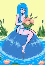 Rule 34 | 1girl, absurdly long hair, akairiot, barefoot, black eyes, blue eyes, blue hair, blunt bangs, breasts, cattail, collarbone, completely nude, convenient censoring, flower, holding, holding flower, kelda (akairiot), knees together feet apart, liquid hair, long hair, medium breasts, nude, on rock, open mouth, original, outdoors, plant, public indecency, rock, simple background, sitting, sitting on rock, sky, smile, solo, very long hair, water, water censor, yellow background, yellow sky
