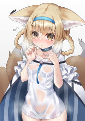 Rule 34 | 1girl, animal ear fluff, animal ears, arknights, ashisi, bad id, bad pixiv id, black collar, blue hairband, blush, braid, braided hair rings, breasts, brown eyes, closed mouth, collar, commentary request, cowboy shot, dress, flying sweatdrops, hair between eyes, hair rings, hairband, hands up, highres, infection monitor (arknights), light brown hair, nose blush, see-through, signature, simple background, small breasts, solo, standing, striped, suzuran (arknights), sweat, tail, tail raised, vertical stripes, wet, wet clothes, wet dress, white background, white dress