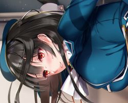 Rule 34 | 10s, 1girl, arm support, beret, black gloves, black hair, blue hat, blue jacket, blush, breasts, close-up, gloves, hanging breasts, hat, hayakawa akari, indoors, jacket, kantai collection, large breasts, leaning forward, long sleeves, looking down, parted lips, red eyes, short hair, solo, takao (kancolle)