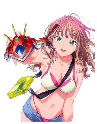Rule 34 | 1girl, absurdres, alternate breast size, bag, bare shoulders, between breasts, bikini, breasts, brown hair, cellphone, cleavage, collarbone, cover, denim, denim shorts, dyna wing, dynazenon (character), gradient hair, green eyes, gridman universe, heart, highleg, highleg bikini, highres, holding, layered bikini, looking at viewer, medium breasts, medium hair, megami magazine, minami yume, multicolored hair, navel, non-web source, official art, open mouth, phone, pink bikini, pink hair, pink shorts, sakamoto masaru, short shorts, shorts, simple background, smartphone, smile, solo, ssss.dynazenon, strap between breasts, swimsuit, transparent background, unbuttoned, wavy hair, white background