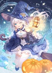 Rule 34 | 1girl, alternate costume, blush, breasts, bubble, commentary request, grey hair, hair ornament, highres, indie virtual youtuber, jack-o&#039;-lantern, lamp, long hair, looking at viewer, medium breasts, nagino mashiro, one eye closed, open mouth, ribbon, serino itsuki, solo, thighhighs, virtual youtuber, water