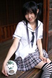 Rule 34 | arimura miu, cosplay, photo (medium), school uniform, serafuku, striped, thighhighs, twintails