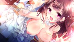 Rule 34 | 1girl, against glass, bare shoulders, bent over, blush, grabbing another&#039;s breast, breasts, breasts out, bride, brown hair, clothed sex, collarbone, dress, game cg, golden marriage, grabbing, hayakawa harui, highres, ichijoji toko, large breasts, long hair, looking back, nipples, no bra, open mouth, pink eyes, sex, solo focus, vaginal, wedding dress, window