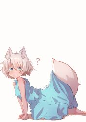 Rule 34 | 1girl, ?, absurdres, animal ear fluff, animal ears, bare arms, bare shoulders, barefoot, blue dress, blue eyes, brown hair, colored shadow, commentary request, dress, fox ears, fox girl, fox tail, from side, hair between eyes, highres, kotatsune, looking at viewer, looking to the side, original, shadow, simple background, sleeveless, sleeveless dress, solo, tail, white background