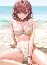 Rule 34 | 1girl, :o, ame (uten cancel), arm behind back, arm support, beach, bikini, black choker, blush, breasts, brown hair, choker, cleavage, collarbone, commentary, floral print, halterneck, higuchi madoka, idolmaster, idolmaster shiny colors, looking at viewer, medium breasts, mole, mole under eye, navel, on ground, outdoors, red eyes, sitting, solo, spread legs, stomach, string bikini, sweatdrop, swimsuit, symbol-only commentary, white bikini, wristband