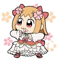 Rule 34 | 1girl, :3, bkub (style), blonde hair, bow, closed mouth, commentary request, corset, dress, envelope, flower, frilled dress, frilled sleeves, frills, full body, hair bow, hair flower, hair ornament, letter, looking afar, lowres, momozakura nanao, mouth hold, official alternate costume, parody, pink flower, poring, ragnarok online, red bow, red eyes, short hair, smile, solo, style parody, wanderer (ragnarok online), white background, white dress