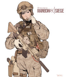 Rule 34 | 1girl, absurdres, ammunition pouch, artist name, assault rifle, black eyes, black hair, braid, brown gloves, camouflage, camouflage headwear, camouflage jacket, camouflage pants, desert camouflage, dokkaebi (rainbow six siege), gloves, gun, hat, helmet, highres, holding, holding gun, holding weapon, holstered, jacket, long hair, long sleeves, m16, m4 carbine, military, military hat, military uniform, open mouth, pants, pouch, rainbow six siege, rifle, simple background, solo, suppressor, tb choi12, twin braids, uniform, v-shaped eyebrows, vest, weapon, white background