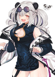 Rule 34 | 1girl, animal ears, arknights, breasts, china dress, chinese clothes, cleavage, cleavage cutout, clothing cutout, coat, dress, eyewear on head, fang, feater (arknights), grey hair, highres, large breasts, multicolored hair, panda, panda ears, red eyes, skin fang, solo, streaked hair, sunglasses, tsuyuki yuki, twintails, white background
