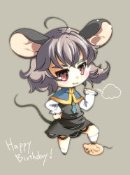 Rule 34 | 1girl, animal ears, blush, chibi, female focus, hand on own hip, happy birthday, hip focus, mepikari, mouse ears, mouse tail, nazrin, red eyes, simple background, smile, solo, tail, touhou