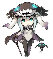 Rule 34 | 10s, 1girl, abyssal ship, aqua eyes, bodysuit, cape, chibi, colored skin, enemy aircraft (kancolle), headgear, holding, kantai collection, lino-lin, looking at viewer, silver hair, staff, transparent background, white skin, wo-class aircraft carrier