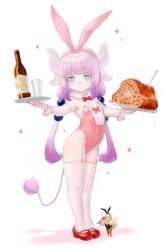 Rule 34 | 1boy, 1girl, alternate costume, animal ears, beer bottle, blue eyes, blunt bangs, bow, bowtie, covered navel, detached collar, dragon girl, dragon horns, fake animal ears, food, garter straps, glass, gradient hair, hairband, highres, holding, holding tray, horns, kanna kamui, kobayashi-san chi no maidragon, leotard, light purple hair, low twintails, multicolored hair, pink hair, pink leotard, playboy bunny, rabbit ears, solo focus, strapless, strapless leotard, tail, thighhighs, tray, twintails, tyawantyawan356, white thighhighs, wrist cuffs