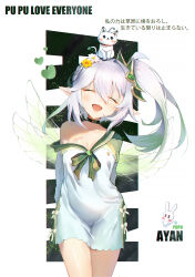 Rule 34 | 1girl, :d, absurdres, arms behind back, ayan (1593817922), black choker, breasts, choker, cleavage, closed eyes, collarbone, cowboy shot, dress, english text, facing viewer, flower, genshin impact, gradient hair, green hair, hair between eyes, hair flower, hair ornament, heart, high side ponytail, highres, legs together, multicolored hair, nahida (genshin impact), off shoulder, open mouth, paw print, pointy ears, short dress, sidelocks, signature, simple background, single bare shoulder, small breasts, smile, solo, thighs, translation request, white background, white dress, white flower, white hair, wings, yellow flower
