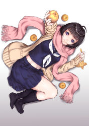 Rule 34 | 1girl, ahoge, arm up, black hair, black socks, blue shirt, blue skirt, blunt bangs, breasts, brown cardigan, cardigan, closed mouth, food, fringe trim, from above, fruit, full body, grey background, highres, holding, holding food, holding fruit, kneehighs, konekoneko (pixiv 21272648), long sleeves, looking at viewer, lying, mandarin orange, medium breasts, midriff peek, neckerchief, no shoes, on side, open cardigan, open clothes, original, outstretched arm, pink scarf, purple eyes, scarf, school uniform, serafuku, shirt, short hair, skirt, sleeves past wrists, smile, socks, solo, striped clothes, striped socks, vertical-striped clothes, vertical-striped socks, white background, white neckerchief