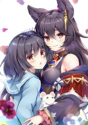 Rule 34 | 2girls, = =, animal, animal ear fluff, animal ears, bare shoulders, black hair, black jacket, blue sailor collar, blue shirt, blush, breasts, chestnut mouth, cleavage, closed eyes, closed mouth, commentary request, dated, ear piercing, granblue fantasy, hair between eyes, highres, jacket, long hair, long sleeves, looking at viewer, looking to the side, medium breasts, mouse (animal), multiple girls, nier (granblue fantasy), off shoulder, open clothes, open jacket, parted lips, petals, piercing, pilokey, red eyes, sailor collar, school uniform, serafuku, shirt, simple background, upper body, vikala (granblue fantasy), white background, wide sleeves
