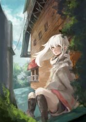 Rule 34 | 1girl, absurdres, balcony, cloud, highres, jacket, long hair, looking at viewer, open mouth, original, rooftop, shorts, sitting, solo, stairs, touchika, tree, white hair, yellow eyes