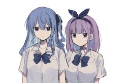 Rule 34 | 2girls, ahoge, blue eyes, blue hair, blue ribbon, blunt bangs, blush, breasts, choker, closed mouth, collarbone, collared shirt, colored inner hair, commentary request, dress shirt, hair between eyes, hair ribbon, hololive, hoshimachi suisei, large breasts, long hair, looking at viewer, medium hair, minato aqua, multicolored hair, multiple girls, one side up, pink hair, purple eyes, ribbon, ribbon choker, saifu (saihu715), shirt, short sleeves, sidelocks, simple background, small breasts, sweatdrop, two-tone hair, upper body, virtual youtuber, white background, white shirt