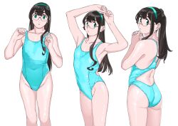 Rule 34 | 1girl, absurdres, alternate costume, aqua one-piece swimsuit, arms up, ass, black hair, breasts, collarbone, competition swimsuit, cowboy shot, glasses, green eyes, green hairband, hairband, highleg, highleg swimsuit, highres, kantai collection, long hair, looking at viewer, looking back, ojipon, one-piece swimsuit, ooyodo (kancolle), own hands clasped, own hands together, ponytail, semi-rimless eyewear, simple background, single sidelock, small breasts, solo, swimsuit, under-rim eyewear, white background