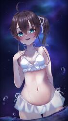 Rule 34 | 1girl, ahoge, artist request, bare shoulders, bikini, blush, breasts, brown hair, collarbone, cowboy shot, frilled bikini, frills, from below, green eyes, heart, heart ahoge, highres, hololive, looking at viewer, medium breasts, natsuiro matsuri, navel, side ponytail, small breasts, smile, solo, swimsuit, virtual youtuber, water, wet, white bikini