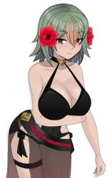 Rule 34 | 1girl, black one-piece swimsuit, breasts, cleavage, closed mouth, dark-skinned female, dark skin, desspie, fire emblem, fire emblem heroes, flower, gradient hair, green hair, hair flower, hair ornament, highres, laegjarn (fire emblem), large breasts, multicolored hair, nintendo, one-piece swimsuit, orange hair, red eyes, sarong, short hair, simple background, smile, solo, swimsuit, thigh strap, white background