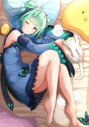 Rule 34 | 1girl, ;), absurdres, animal, bare shoulders, barefoot, bed sheet, bird, blue bow, blue dress, blue sleeves, bow, bug, butterfly, cat, chick, closed mouth, commentary request, detached sleeves, double bun, dress, frilled dress, frills, ghost, green hair, hair bow, hair bun, highres, hololive, insect, juliet sleeves, long sleeves, looking at viewer, moyoron, one eye closed, pillow, puffy sleeves, red eyes, sleeveless, sleeveless dress, sleeves past wrists, smile, solo, uruha rushia, uruha rushia (1st costume), virtual youtuber, wide sleeves