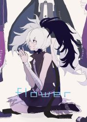Rule 34 | 4girls, bandaged arm, bandages, bare shoulders, black hair, black jacket, black nails, blouse, boots, cevio, character name, ci flower, coat, cross-laced footwear, flower (gynoid talk), flower (vocaloid), flower (vocaloid3), flower (vocaloid4), from side, fur-trimmed coat, fur trim, gynoid talk, hands up, high ponytail, highres, imisinn, jacket, knee boots, lace-up boots, layered shirt, long hair, looking at another, looking up, multiple girls, multiple persona, nail polish, ponytail, purple coat, purple eyes, purple shirt, purple skirt, purple vest, seiza, shirt, sitting, skirt, sleeveless, sleeveless shirt, standing, surrounded, torn clothes, torn skirt, vest, vocaloid, white hair