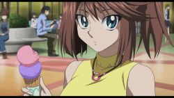 Rule 34 | 1girl, animated, animated gif, bare shoulders, blue eyes, breasts, brown hair, close-up, food, ice cream cone, jewelry, looking at viewer, mazaki anzu, medium breasts, necklace, one eye closed, ponytail, scrunchie, shirt, sleeveless, sleeveless shirt, smile, wink, yellow shirt, yu-gi-oh!, yu-gi-oh! the dark side of dimensions
