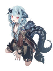 Rule 34 | 1girl, aqua hair, armor, asymmetrical horns, barefoot, black horns, black nails, braid, brown shirt, collarbone, commentary, dragon girl, dragon horns, dragon tail, fangs, fingernails, flat chest, full body, gold necklace, highres, horns, jewelry, kaerunoko, kneeling, long hair, long sleeves, looking at viewer, multiple braids, nail polish, necklace, open mouth, original, pointy ears, puffy long sleeves, puffy sleeves, red eyes, sharp fingernails, shirt, simple background, smile, solo, symbol-only commentary, tail, toenails, uneven horns, white background