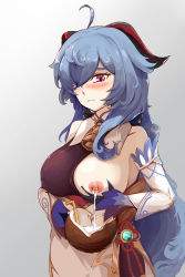 Rule 34 | 1girl, absurdres, ahoge, bare shoulders, bell, black gloves, blue hair, blush, breast milk, breasts, coconut, detached sleeves, fruit cup, ganyu (genshin impact), genshin impact, gloves, goat horns, highres, horns, lactating into container, large breasts, long hair, medium breasts, neck bell, one breast out, purple eyes, sidelocks, solo, taphris, white background