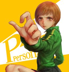 Rule 34 | 1girl, black skirt, bowl cut, brown eyes, brown hair, commentary request, fighting stance, green jacket, jacket, leg up, looking at viewer, persona, persona 4, pleated skirt, sakai (motomei), satonaka chie, short hair, skirt, solo, standing, standing on one leg, tomboy, track jacket