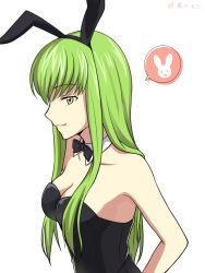 Rule 34 | 1girl, alternate costume, animal ears, bare arms, bare shoulders, black bow, black bowtie, black hairband, black leotard, bow, bowtie, breasts, c.c., cleavage, closed mouth, code geass, collarbone, detached collar, fake animal ears, female focus, from side, green hair, hair between eyes, hairband, highres, leotard, long hair, looking at viewer, looking to the side, medium breasts, neck, playboy bunny, rabbit, rabbit ears, setu kurokawa, simple background, smile, solo, strapless, strapless leotard, striped clothes, striped leotard, upper body, very long hair, white background, yellow eyes