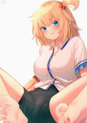 Rule 34 | 1girl, akai haato, akai haato (1st costume), barefoot, bike shorts, black shorts, blonde hair, blue eyes, blush, breasts, closed mouth, collared shirt, commentary request, dress shirt, feet, hair between eyes, hair ornament, heart, heart hair ornament, high-waist shorts, highres, hololive, large breasts, long hair, looking at viewer, magowasabi, nail polish, one side up, red nails, shirt, short sleeves, shorts, simple background, sitting, smile, soles, solo, toenail polish, toenails, toes, very long hair, virtual youtuber, white background, white shirt