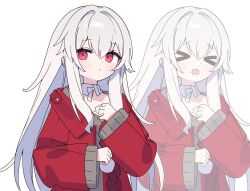 &gt;o&lt; 1girl clara_(honkai:_star_rail) clenched_hands closed_eyes closed_mouth detached_collar embarrassed hair_between_eyes highres honkai:_star_rail honkai_(series) jacket light_frown long_hair long_sleeves looking_to_the_side multiple_views open_mouth red_jacket sidelocks simple_background very_long_hair white_background white_hair zenshin