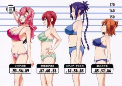 Rule 34 | 4girls, absurdres, bandaid, bandaid on face, bandaid on nose, bare shoulders, blue hair, bra, breasts, brown hair, bust chart, celia ootsuka, character name, cleavage, collarbone, from side, hand on own hip, heart o-ring, heart ring bottom, height chart, highres, kushiya inaho, large breasts, lingerie, maken-ki!, measurements, media demitra, multiple girls, navel, official art, panties, pink hair, profile, purple eyes, red hair, shinatsu azuki, sideboob, simple background, sports bra, standing, stats, striped clothes, striped panties, striped sports bra, takeda hiromitsu, underwear, underwear only